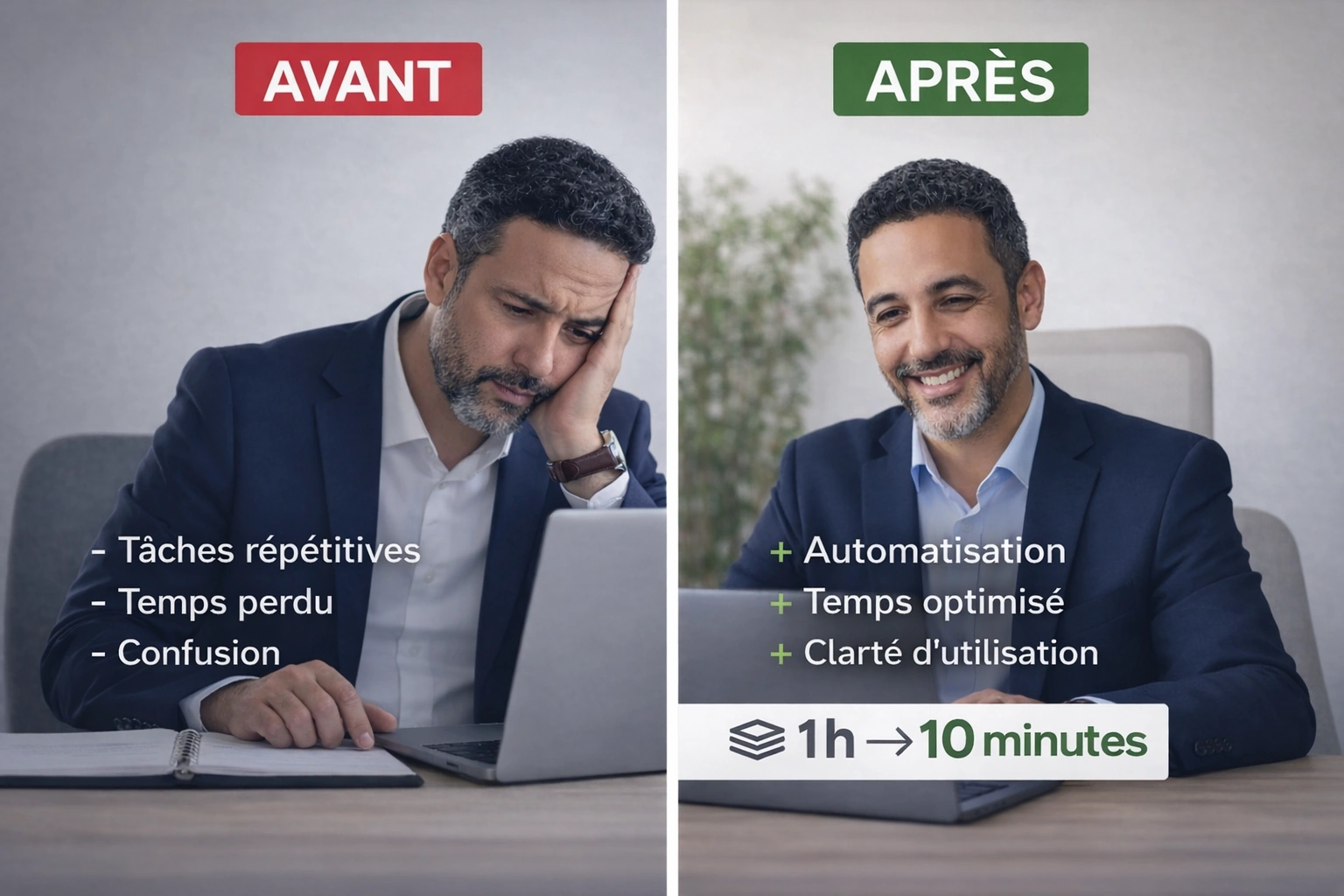 Avant et après l’utilisation d’une méthode IA claire et utile au travail.